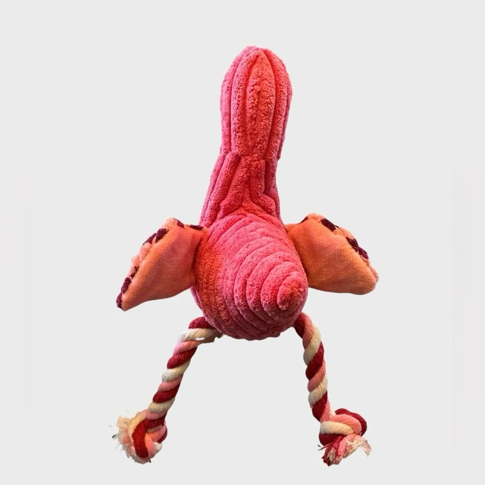 Pink Flamingo Plush Dog Toy Rope Legs Crinkle Squeaky 11” NWT
